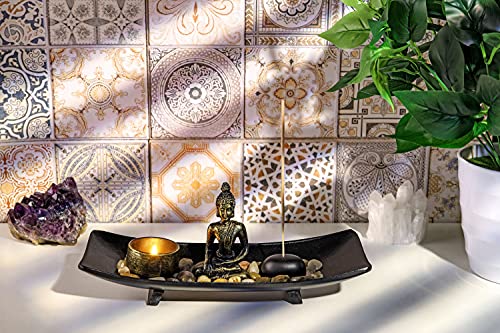 Jovivi Zen Garden Set Buddha Statue w/Tealight Candle Holder, Rocks & Incense Burner Holder & Wood Tray for Yoga Meditation Home Table Decor Gift