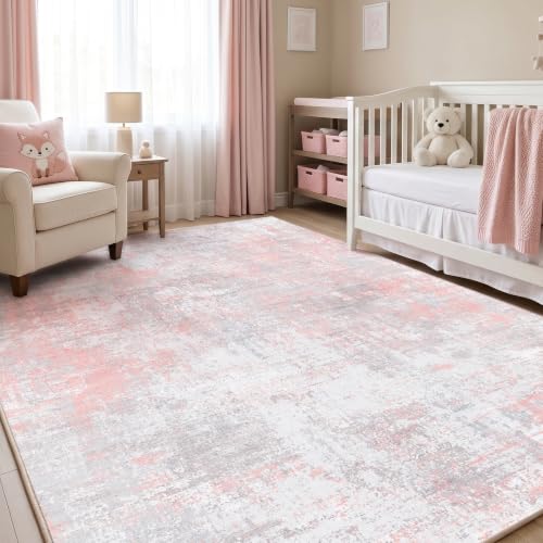 Fixwal Washable 8x10 Area Rug for Bedroom, Non-Slip, Gray/Pink