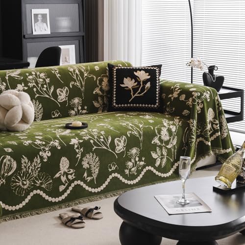 DREAMINGO Green Floral Couch Cover Farmhouse Botanical Jacquard Sofa Covers for 3 Cushion Couch Cozy Chenille Living Room Furniture Futon Sectional Sofa Slipcovers Washable, X-Large 71"x134"