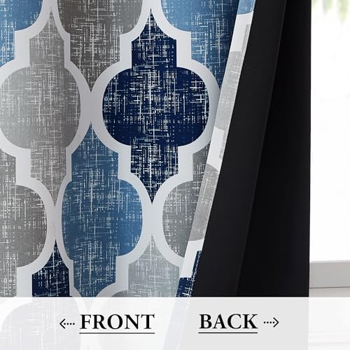 Beauoop 100% Blackout Curtains 84 Inches Long 2 Panels for Bedroom Living Room Blue Grey Moroccan Geo Room Darkening Thermal Insulated Soundproof Grommet Top Window Treatments Drapes, 50x84 Set of 2