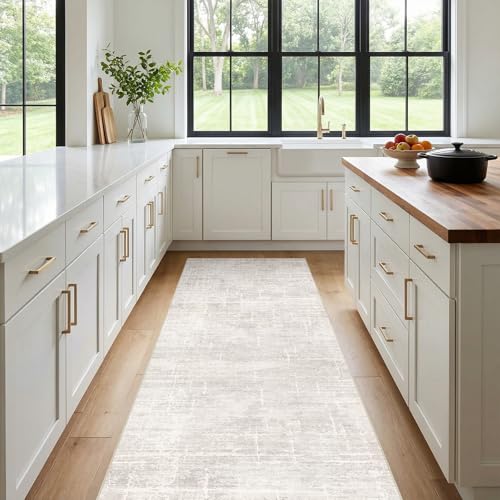 3x7 Washable Kitchen Runner Rug: Abstract Soft Neutral Carpet BeigeGray