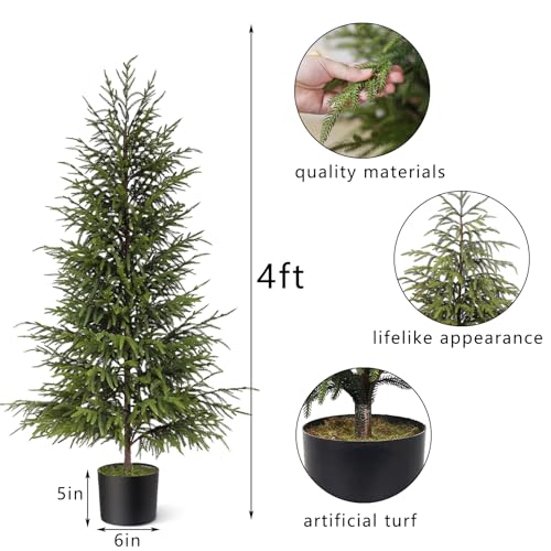 Artificial Norfolk Pine Tree - 4ft (48") Faux Christmas Tree Fake Potted Plants for Indoor Outdoor Home Front Porch Christmas Decor