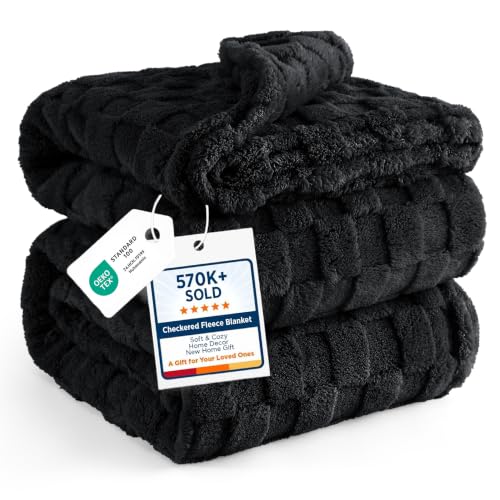 Bedsure Checkered Soft Cozy Fleece Full Blanket for Bed, Black, 84"×90"