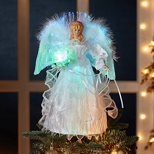 Kurt Adler Warm White LED Fiber-Optic White and Silver Angel Treetop