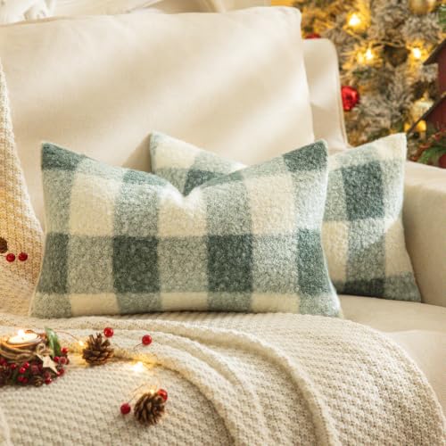Green White Plaid Christmas Throw Pillow Covers 12x20 Inch Set of 2