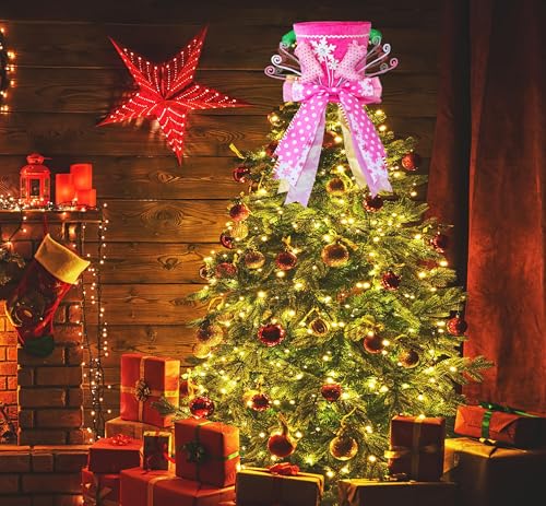 Christmas Tree Topper Hat, Xmas Tree Toppers Large Pink Hat with Lengthened Ribbon, Christmas Tree Ornaments for Christmas Holiday, Boots Snowflake, Pink