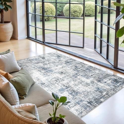 4x7 Rug for Living Room: Washable Wide Hallway Runner Rug Blue