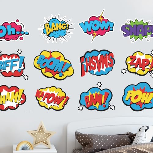 Superhero Comic Words Wall Decals - 12 Pack Action Sound Effects Stickers Peel and Stick Vinyl, Waterproof & Durable, Perfect for Kids' Room, Playroom, Nursery, Game Room, or Office Decor (1)