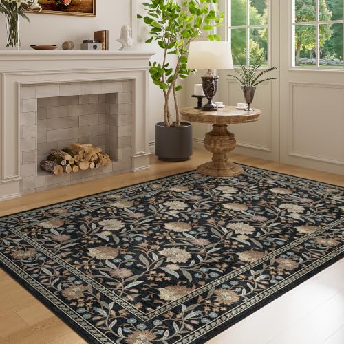 4x6 Area Rug, Washable Vintage Floral Rug for Living Room, Black