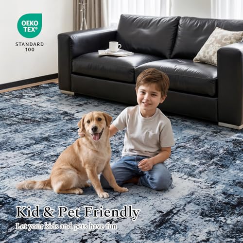 Rugflix 8x10 Area Rugs for Living Room, Washable Large Rug Stain-Resistant Low Pile, Modern Dark Carpet for Dining Room Home Office Kid Room Nursery Bedroom, Navy Blue/Black