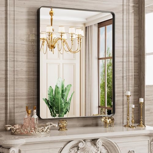 JISOSO Black Bathroom Mirror Wall Mounted Vanity Mirror with Rounded Corner Metal Framed, Tempered Glass, Anti-Rust(Horizontal/Vertical), 22 x 30 Inch