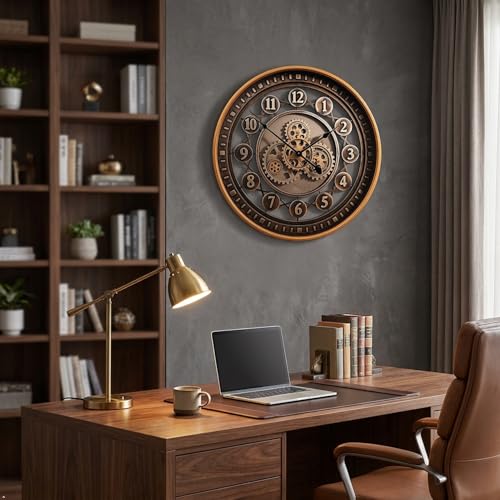 24 Inch Wall Clock with Moving Gears Large Industrial Steampunk Metal Clock Antique Gold Oversized Farmhouse Decor Wall Clock for Living Room Home Office(Bronze Brown-Arabic Numerals)