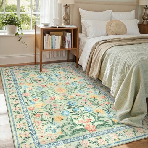 Lahome Washable Green Rug, 5x7 Whimsical Floral Rug for Nursery Classroom