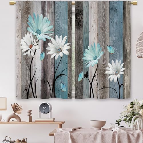 Teal Farmhouse Daisy Kitchen Curtains Wooden Flower Small Short Cafe Window Curtains Rustic Floral Butterfly Country Bathroom Drapes Treatment Tier Curtains 2 Panels (27.5x39 Inch)