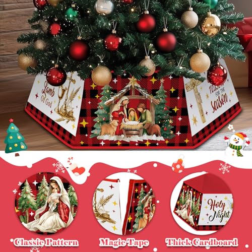 Christmas Tree Collar for Artificial Trees, Nativity Christian Christmas Decorations, Jesus Christian Holy Night Religious Fabric Hexagonal Base Tree Collar Skirt for Xmas Tree Decorations Holiday