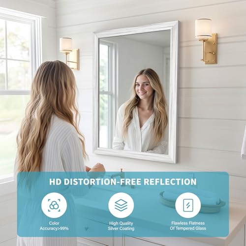 White Wood Effect Framed Wall Mirror, 24x32 Rectangle Mirror, Anti-desilvering Tempered Glass, Sustainable& Sturdy Frame, Farmhouse Mirror, Anti-Rust, 3min Fast Setup for Bathroom Living Room