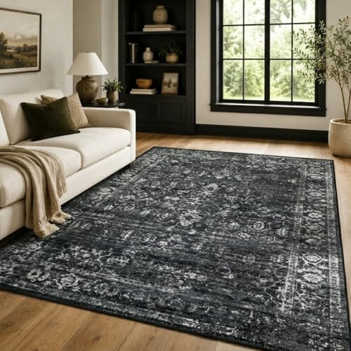 Lahome Margot Vintage 5x7 Area Rugs - Washable Non-Slip Boho Living Room Rugs for Under Table, Black Low Profile Soft Faux Wool for Bedroom, Dinning Room, Nursery, Playroom