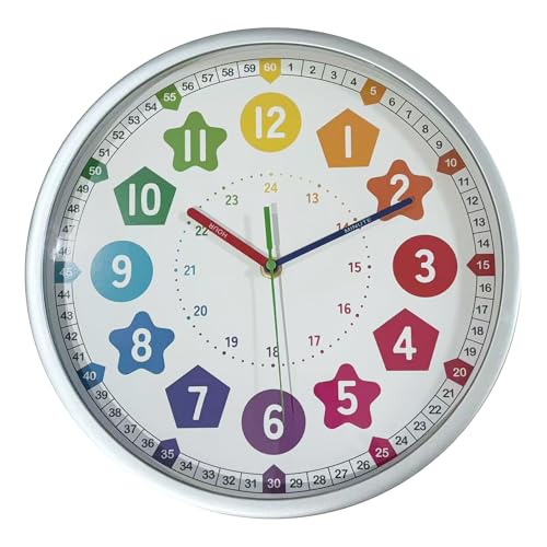 HZDHCLH Kids Wall Clock for Learning to Tell Time 10 Inch Silent Non Ticking Analog Clock with Colorful Shape Numbers Battery Operated Educational Clock for Classroom, Bedroom, Homeschool(Silver)