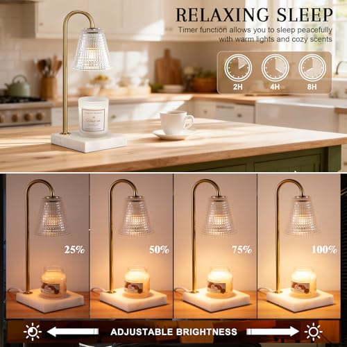 Hong-in Modern Gold and Marble Candle Warmer Lamp with Textured Glass Shade, Elegant Candle Lamp for Bedroom Living Room Kitchen, Luxury Home Decor Accent Lamp,Birthday Gift for Women