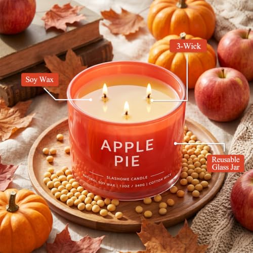 slashome Apple Pie Scented Candle, 12 Oz 3-Wick Soy Wax Fall Home Decor