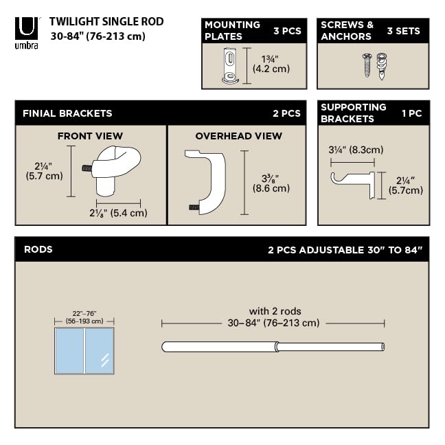 Umbra Twilight Curtain Rod Set – Wrap Around Design Ideal for Blackout or Room Darkening Panels, 30 to 84 Inches, Nickel