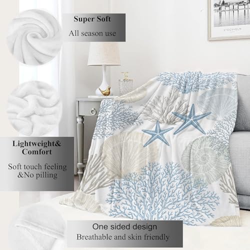 Nautical Beach Flannel Throw Blanket 50x60 Inch, Blue Beige Coral Seashell Starfish Ocean Decor, Soft Sea Fleece Blankets for Sofa Couch Bedroom, Coastal Home Decorative Gifts for Marine Lovers