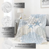 Nautical Beach Flannel Throw Blanket 50x60 Inch, Blue Beige Coral Seashell Starfish Ocean Decor, Soft Sea Fleece Blankets for Sofa Couch Bedroom, Coastal Home Decorative Gifts for Marine Lovers