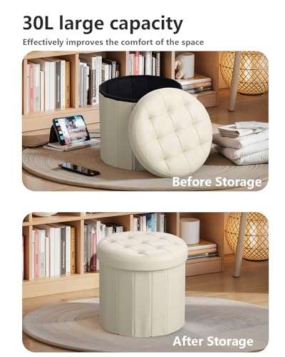 Bsketa Round Storage Ottoman, 14" Folding Leather Foot Rest Stool, Beige