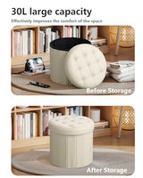Bsketa Round Storage Ottoman, 14" Folding Leather Foot Rest Stool, Beige