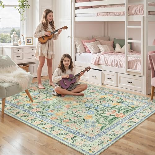 Lahome Washable Green Rug, 5x7 Whimsical Floral Rug for Nursery Classroom