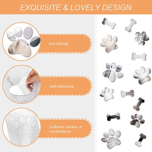 26 Pcs Acrylic Mirror Wall Stickers - Dog Paw Bones Prints, Removable Dog Pup Room Wall Decors for Kids Children Nursery Bedroom Home Decoration