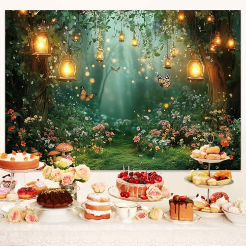 Spring Enchanted Forest Backdrop, Fairy Tale Wonderland Garden Backdrops for Photoshoot, Mushroom Butterfly Woodland Fairy Tea Party Decorations Photo Booth Studio Props Backdrops 7X5FT