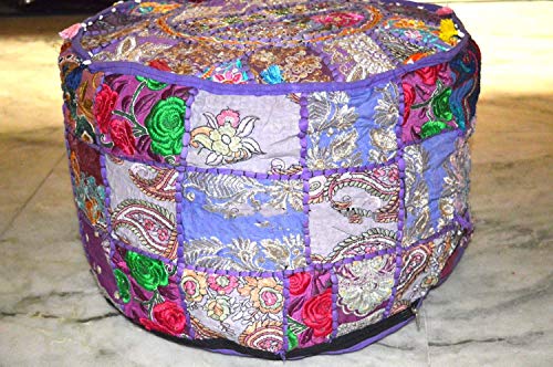 Indian Patchwork Pouf Cover Living Room Pouf, Decorative Ottoman, Embroidered Designer Ottoman, Home Living Footstool Chair Cover, Bohemian Ottoman Pouf Décor