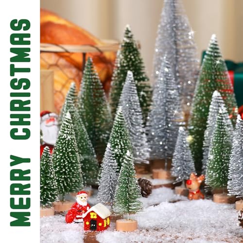 Set of 35PCS Mini Christmas Tree, Christmas Pine Cones, 2oz Fake Snow Powder, Mixed Christmas Decoration, Xmas Village Displays Winter DIY Crafts (Classic Green)