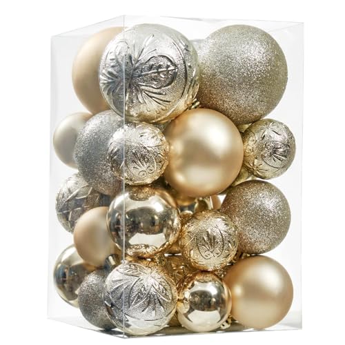 Wironlst Christmas Ball Ornaments - 30pcs Shatterproof Plastic Christmas Ornaments Hanging Ball Decorations for Xmas Tree, Holiday, Wedding, Party (Multi-Size, Champagne)