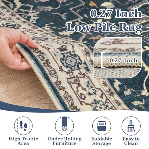 Farmhouse Entryway Rugs 2x6, Low Pile Kitchen Runners Washable Non Slip, Distressed Medallion Printed Carpet Runners for Hallway/Bathroom/Bedroom Bedside/Laundry Room, Deep Blue/Multi