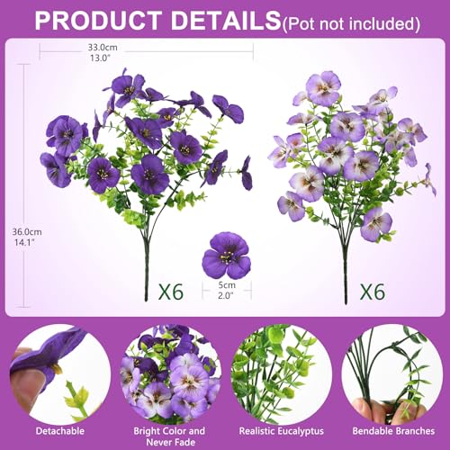 INQCMY Fake Artificial Pansy Flowers for Outdoor, Faux Silk Pansies Flower 12 Pcs Spring Summer Decoration, UV Resistant Fake Plants for Outside Planter Porch Yard Patio Home Decor(Double Purple)