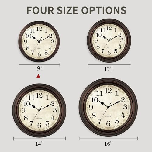 Wall Clock, 9 Inch Silent Non Ticking Classic Battery Operated Clocks, Decorative for Living Room, Bedrooms, Bathroom, Kitchen Office (Bronze)
