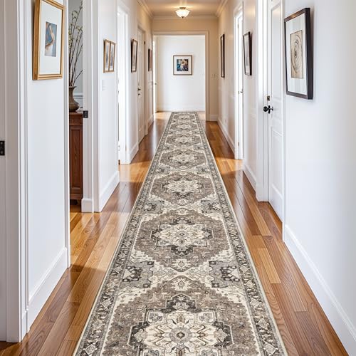 Washable 3x25 Long Hallway Runner - Non-Slip Stain Resistant Kitchen Rug Distressed Mats Low Plie Soft Ultra Thin Room Floor Carpet for Living Room Dining Room(Beige,3x25)