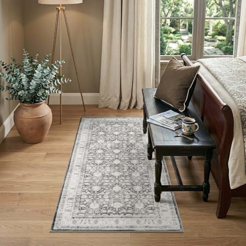jinchan 2x5 Vintage Floral Runner Rug, Washable Non Slip, Grey