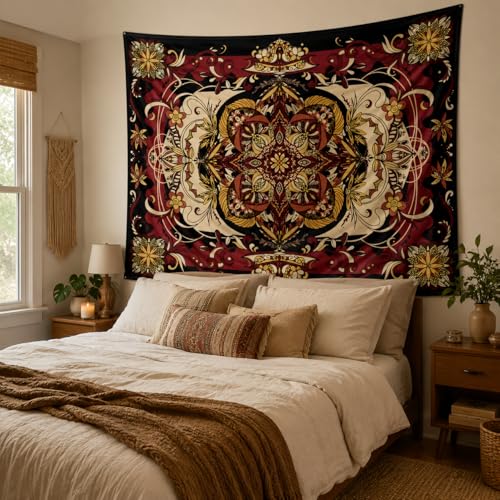 CHDGDHC Red Moth Tapestry, Boho Mandala Wall Decor, 79.92x59.84 in | Boho red moth mandala tapestry for bedroom walls, dorm decor, living rooms, and hippie psychedelic aesthetic spaces.