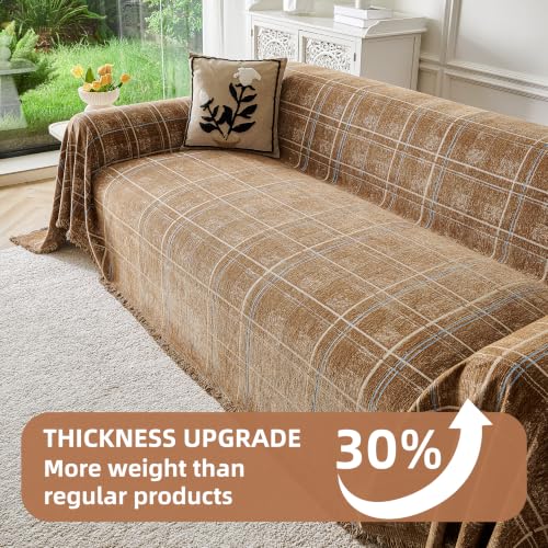 Couch Cover for Dogs Washable Sofa Cover, Sectional Couch Covers, Sofa Covers for 2 Cushion Couch, Non Slip Stripe Sofa Slipcovers Furniture Protector (Brown Checkered 71x134)