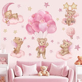 wondever Pink Balloon Bear Wall Stickers Hot Air Balloon Animals Clouds Stars Peel and Stick Wall Art Decals for Baby Nursery Kids Girls Bedroom