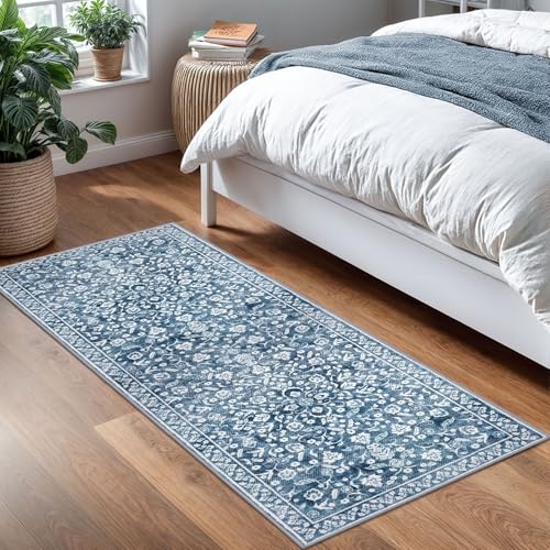 Vintage Washable 2x5 Rug, Blue and White Hallway Runner, Super Soft Non-Slip Kitchen Runner, Print Faux Wool Floral Thin Carpet for Entryway & Bedside