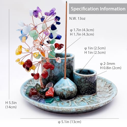 5 in 1 Incense Burner Holder with Crystal Healing Tree, Palo Santo Holder, Sage Holder, Incense Holder for Sticks/Cones/Candles, Ceramic Tray Ash Catcher for Burning Incense, Meditation Gift