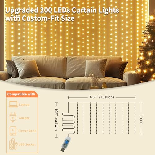 Fairy Curtain Lights, 200 LED Upgraded Tangle-Free Hanging Lights with Remote, USB Plug in String Lights for Bedroom Wall Window Wedding Party Xmas Home Décor - 6.6 x 6.6 Ft, Warm White