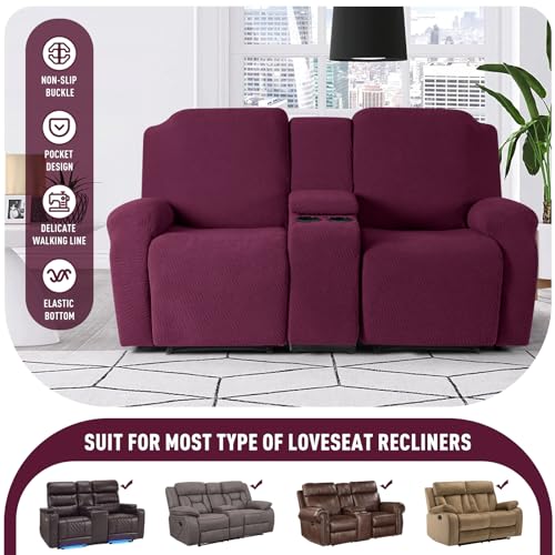 KinCam Loveseat Recliner Covers with Middle Console Slipcover, Recliner Sofa Covers 2 Seat Couch Cover Stripe Jacquard Furniture Protector Covers with Elastic Bottom for Kids, Pets (Burgundy)