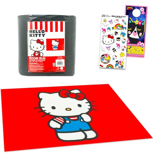 Hello Kitty Rug for Kids Room Set - Bundle with 48" x 72" Red Area Carpet for Bedroom, Room Decor, Plus Stickers and More | Hello Kitty Rug for Bedroom
