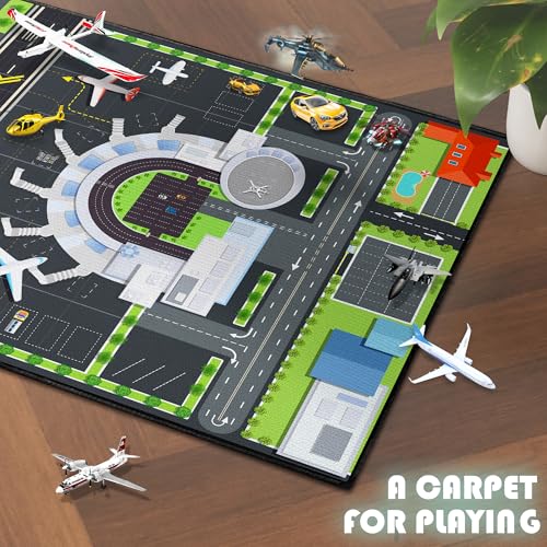 Play Rug for Kids Playroom, 2x3 Airport Carpet with City Road Traffic System and Aircraft Runway, Airport Playmat Airplane Rugs Non-Slip Washable Area Mat for Boys Bedroom
