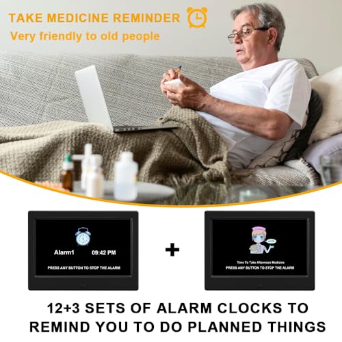 (No Power Adapter Alarm Clock with Day and Date for Elderly 7inch Digital Calendar Clock Photo Frame- Auto Dimmable Display 15 Alarm Options, Clock with Non-Abbreviated Day & Month